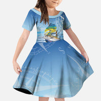 Mahi Mahi and Tuna Fish Family Matching Off Shoulder Maxi Dress and Hawaiian Shirt Fishing Ocean Water Background and Nautical Compass Elements - Wonder Print Shop