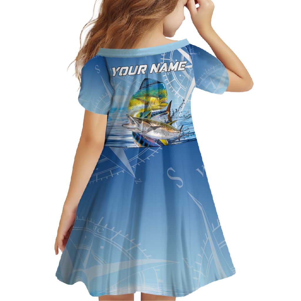 Mahi Mahi and Tuna Fish Family Matching Off Shoulder Maxi Dress and Hawaiian Shirt Fishing Ocean Water Background and Nautical Compass Elements - Wonder Print Shop