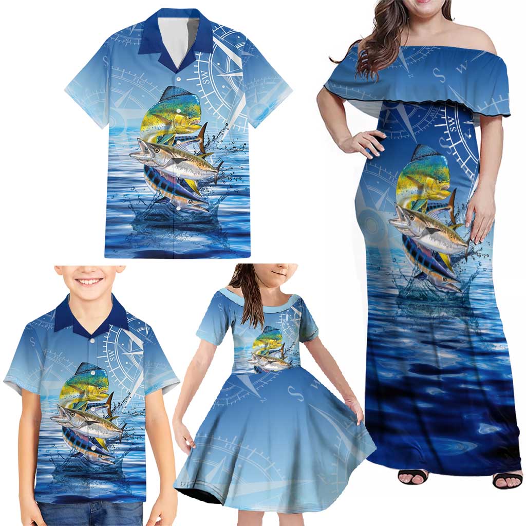 Mahi Mahi and Tuna Fish Family Matching Off Shoulder Maxi Dress and Hawaiian Shirt Fishing Ocean Water Background and Nautical Compass Elements - Wonder Print Shop
