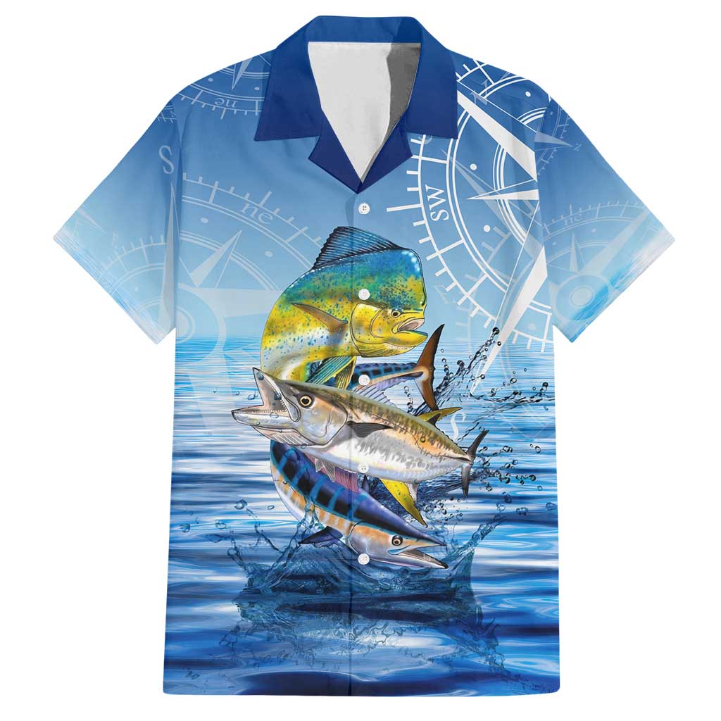 Mahi Mahi and Tuna Fish Family Matching Off Shoulder Maxi Dress and Hawaiian Shirt Fishing Ocean Water Background and Nautical Compass Elements - Wonder Print Shop