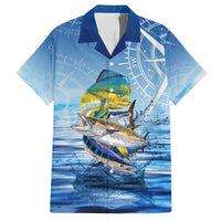 Mahi Mahi and Tuna Fish Family Matching Off Shoulder Maxi Dress and Hawaiian Shirt Fishing Ocean Water Background and Nautical Compass Elements - Wonder Print Shop