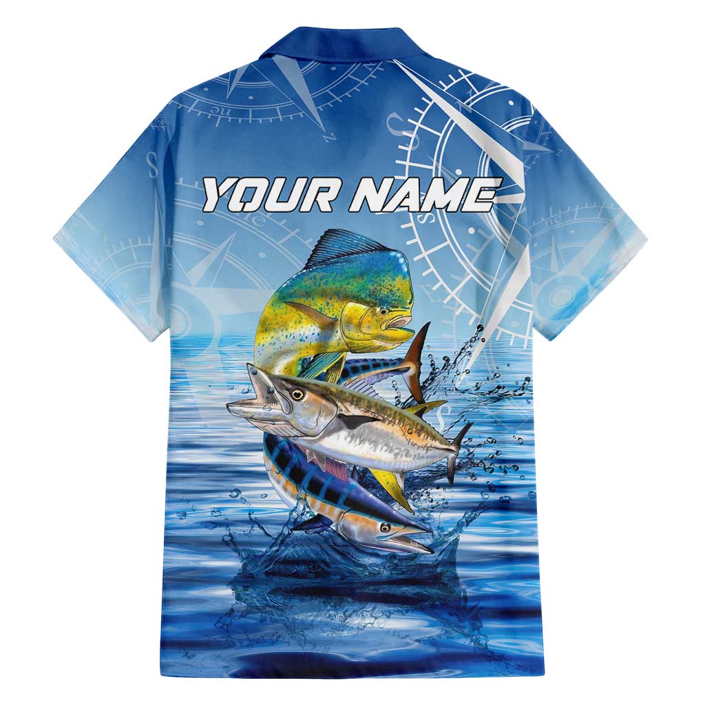 Mahi Mahi and Tuna Fish Family Matching Off Shoulder Maxi Dress and Hawaiian Shirt Fishing Ocean Water Background and Nautical Compass Elements - Wonder Print Shop