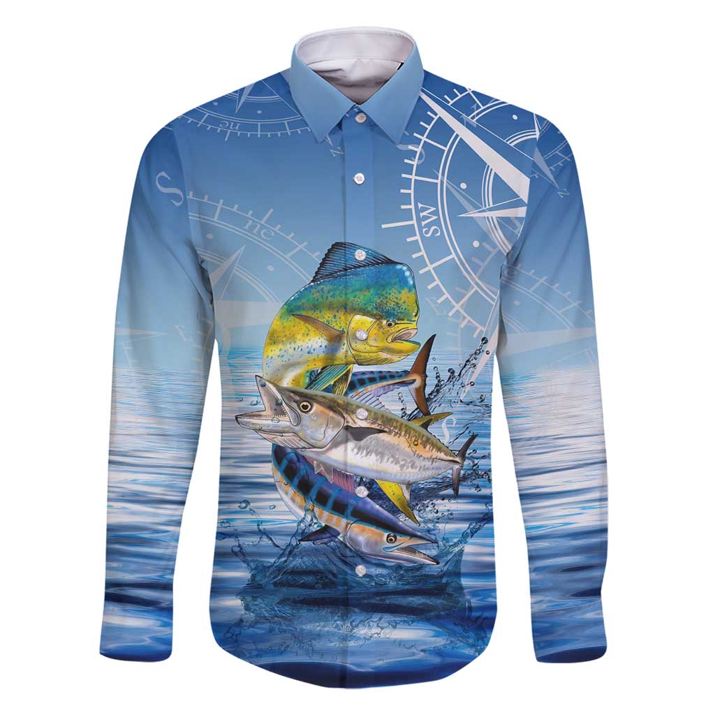Mahi Mahi and Tuna Fish Family Matching Off Shoulder Maxi Dress and Hawaiian Shirt Fishing Ocean Water Background and Nautical Compass Elements - Wonder Print Shop