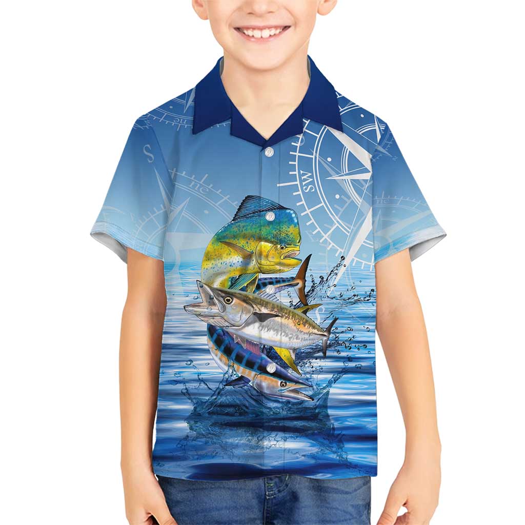 Mahi Mahi and Tuna Fish Family Matching Off Shoulder Maxi Dress and Hawaiian Shirt Fishing Ocean Water Background and Nautical Compass Elements - Wonder Print Shop