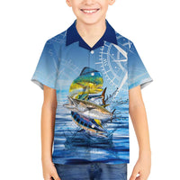 Mahi Mahi and Tuna Fish Family Matching Off Shoulder Maxi Dress and Hawaiian Shirt Fishing Ocean Water Background and Nautical Compass Elements - Wonder Print Shop
