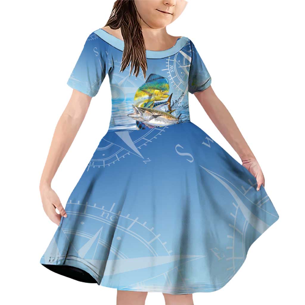 Mahi Mahi and Tuna Fish Family Matching Off Shoulder Short Dress and Hawaiian Shirt Fishing Ocean Water Background and Nautical Compass Elements - Wonder Print Shop