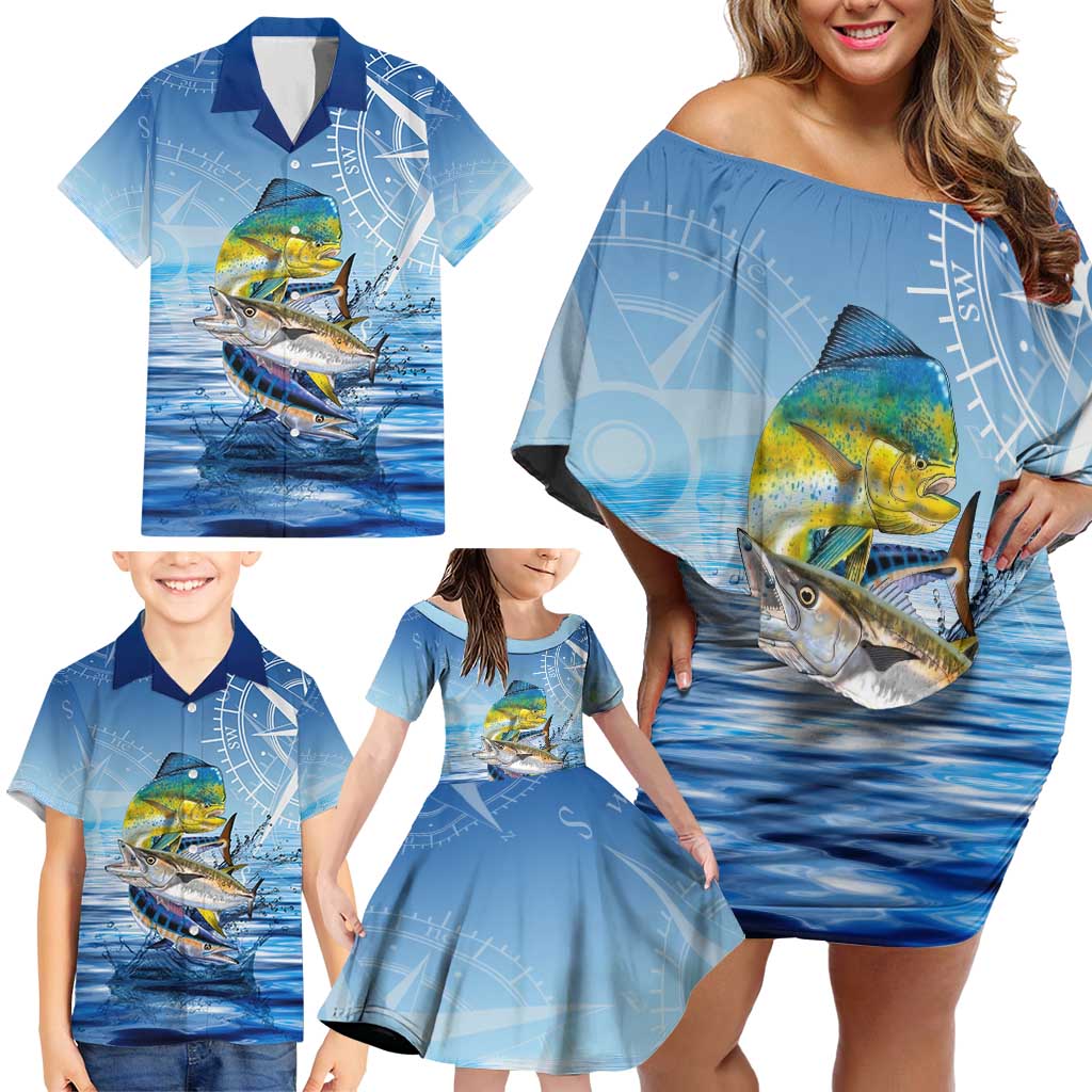 Mahi Mahi and Tuna Fish Family Matching Off Shoulder Short Dress and Hawaiian Shirt Fishing Ocean Water Background and Nautical Compass Elements - Wonder Print Shop