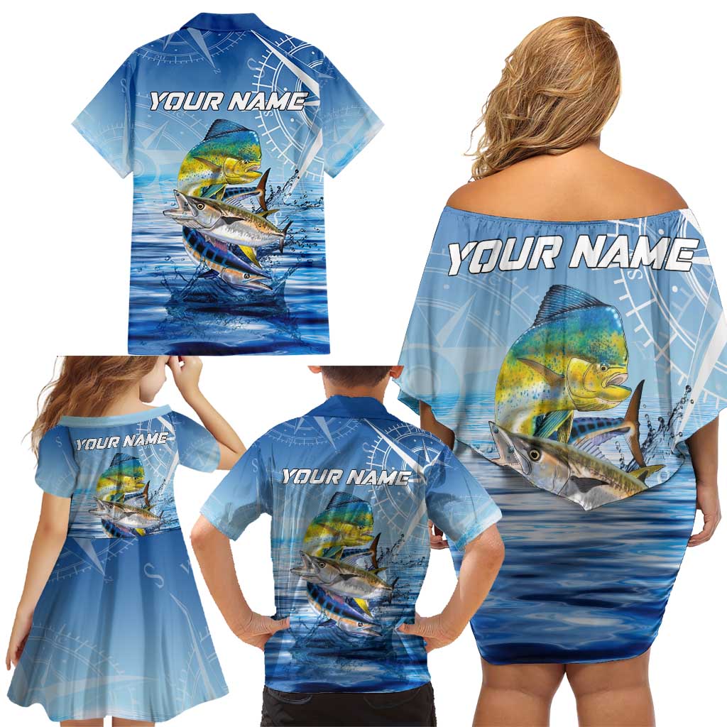 Mahi Mahi and Tuna Fish Family Matching Off Shoulder Short Dress and Hawaiian Shirt Fishing Ocean Water Background and Nautical Compass Elements - Wonder Print Shop