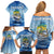Mahi Mahi and Tuna Fish Family Matching Off Shoulder Short Dress and Hawaiian Shirt Fishing Ocean Water Background and Nautical Compass Elements - Wonder Print Shop