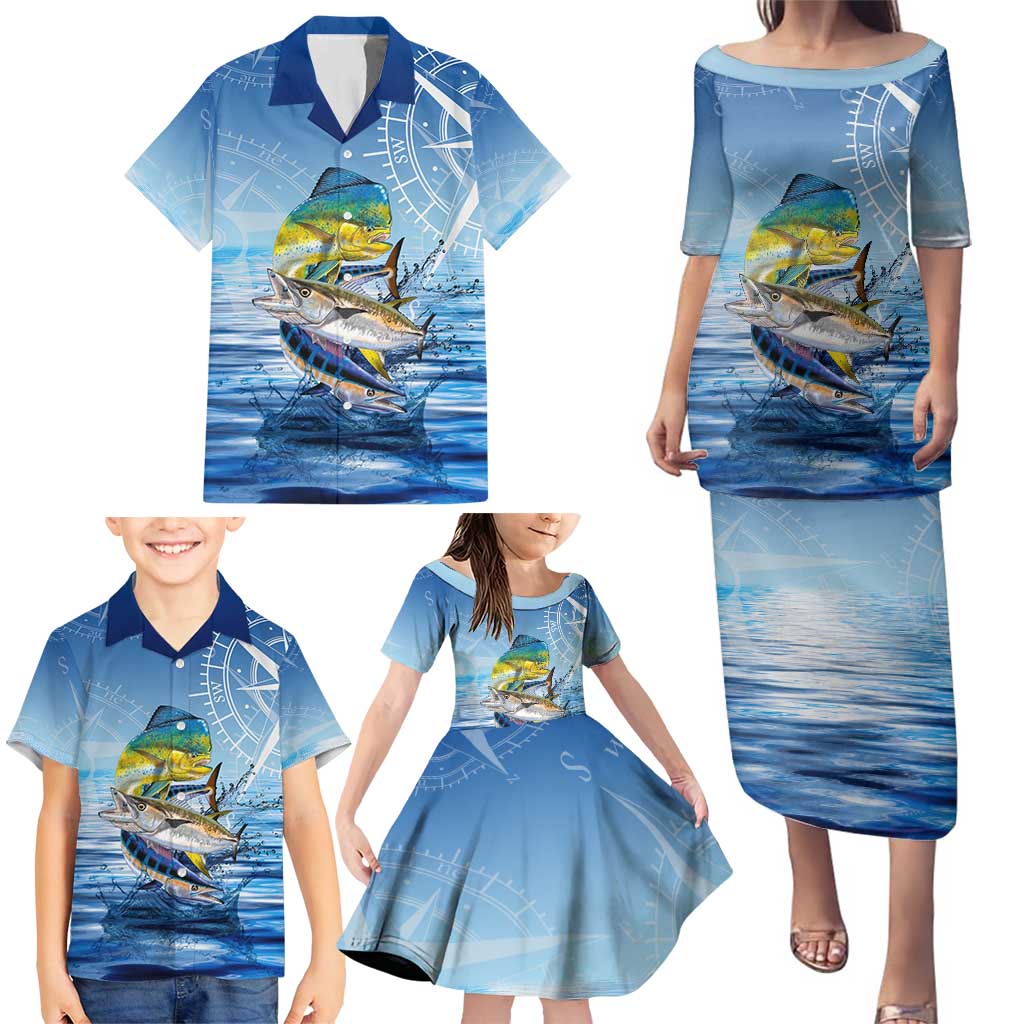 Mahi Mahi and Tuna Fish Family Matching Puletasi and Hawaiian Shirt Fishing Ocean Water Background and Nautical Compass Elements - Wonder Print Shop