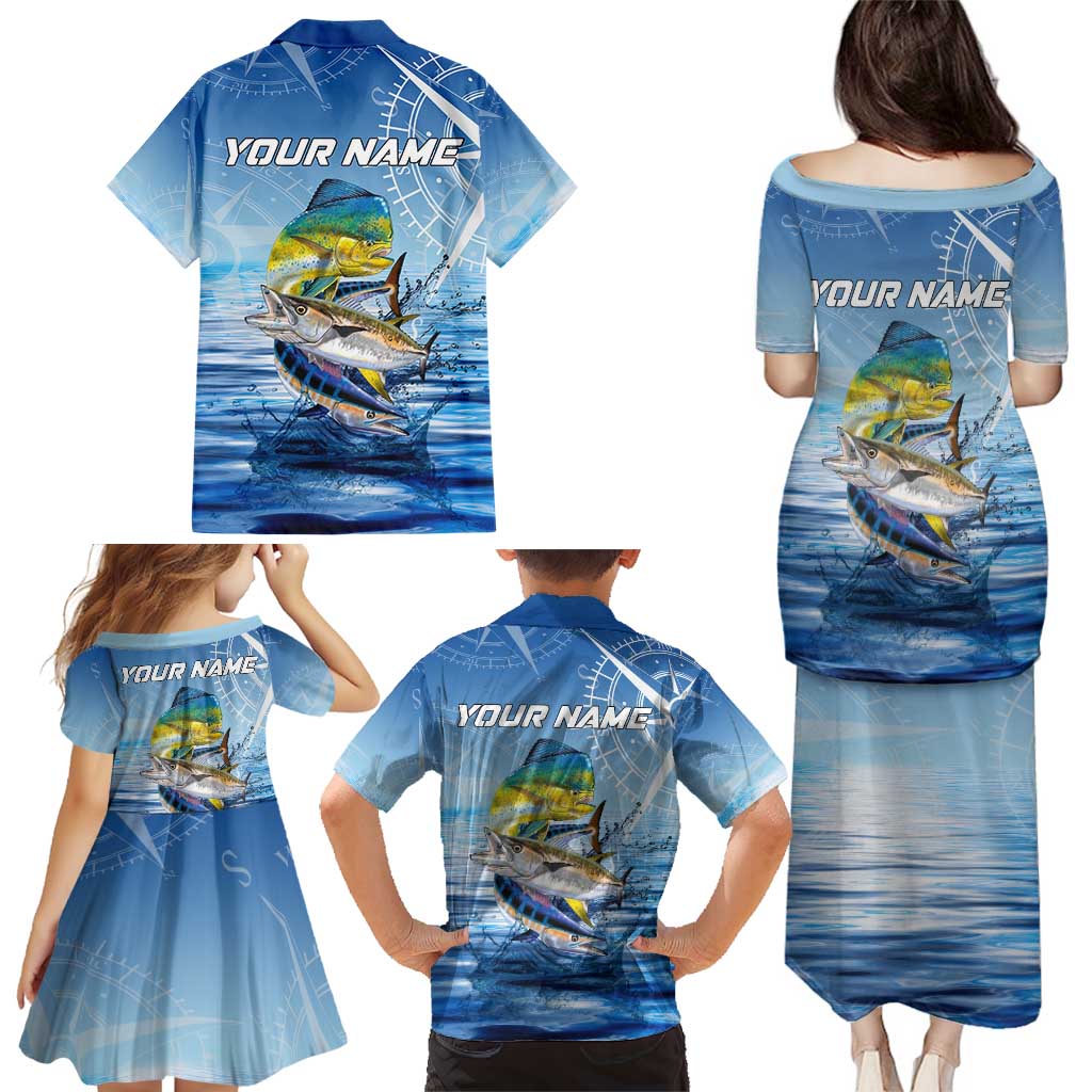 Mahi Mahi and Tuna Fish Family Matching Puletasi and Hawaiian Shirt Fishing Ocean Water Background and Nautical Compass Elements - Wonder Print Shop