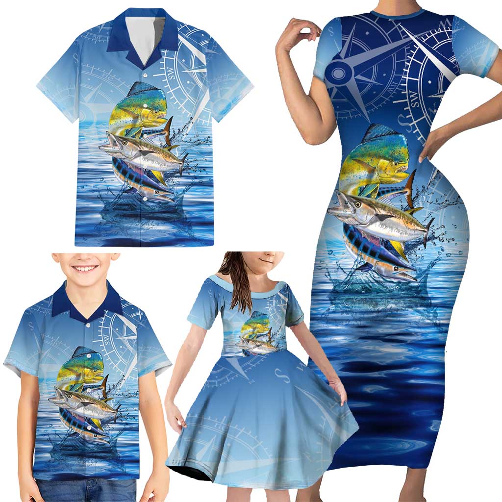 Mahi Mahi and Tuna Fish Family Matching Short Sleeve Bodycon Dress and Hawaiian Shirt Fishing Ocean Water Background and Nautical Compass Elements - Wonder Print Shop