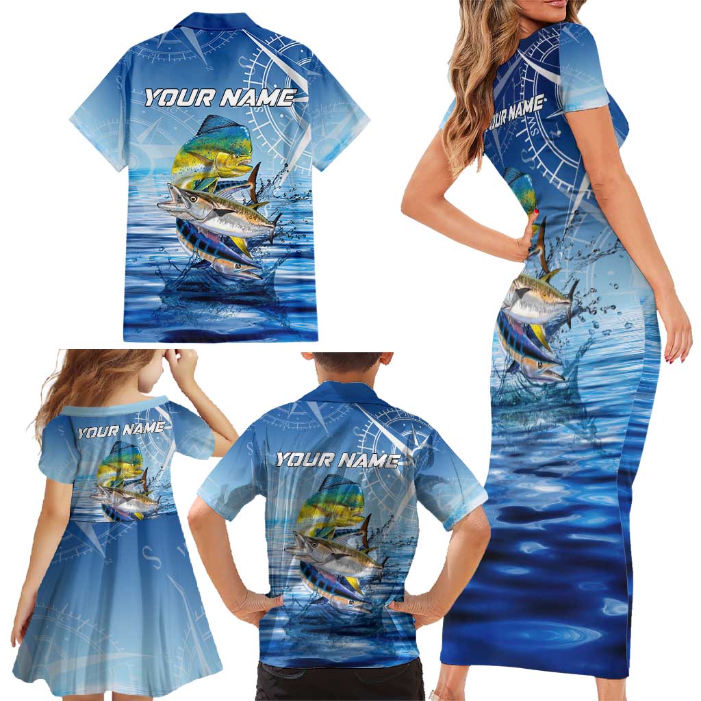 Mahi Mahi and Tuna Fish Family Matching Short Sleeve Bodycon Dress and Hawaiian Shirt Fishing Ocean Water Background and Nautical Compass Elements - Wonder Print Shop