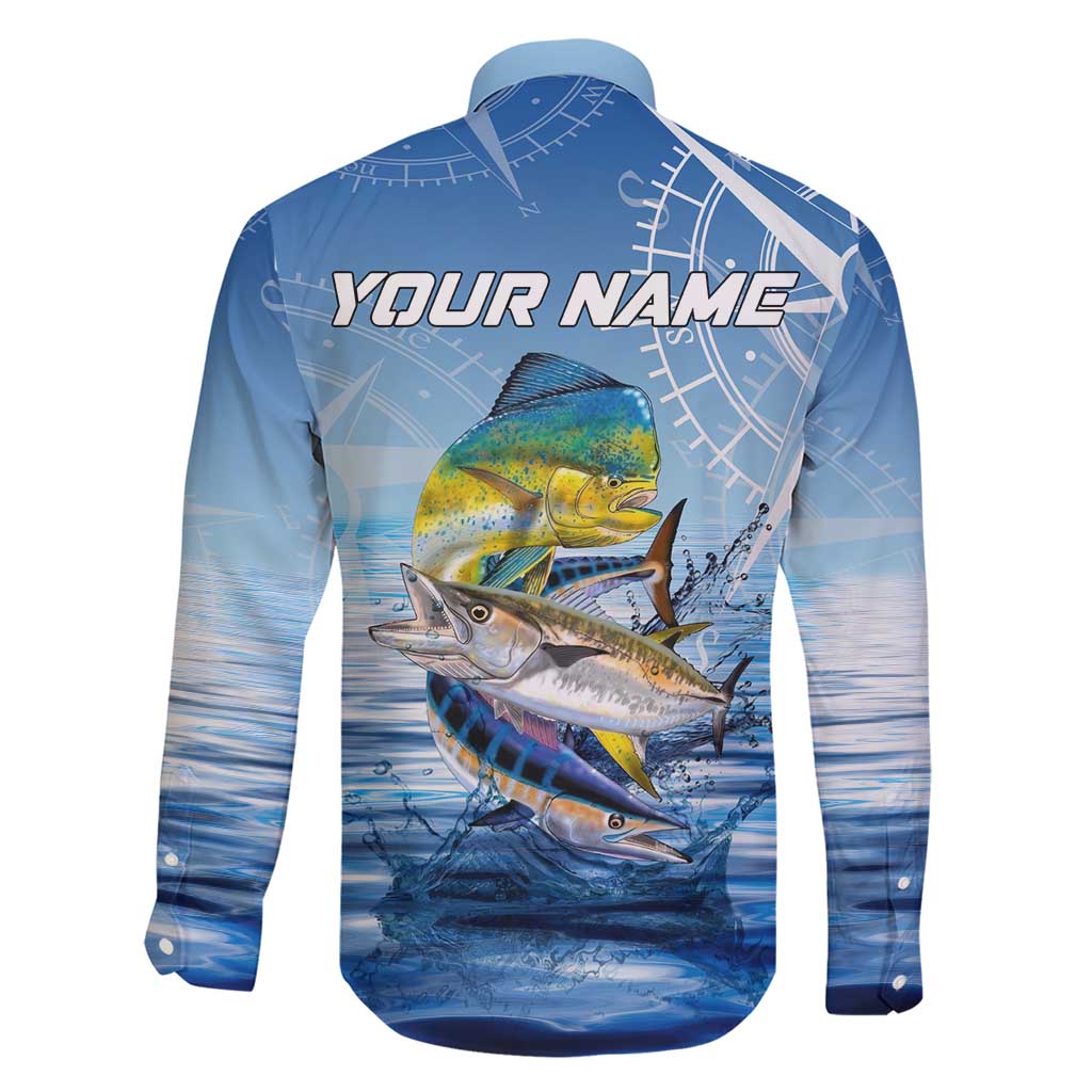 Mahi Mahi and Tuna Fish Family Matching Short Sleeve Bodycon Dress and Hawaiian Shirt Fishing Ocean Water Background and Nautical Compass Elements - Wonder Print Shop