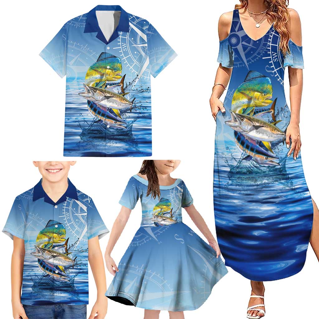 Mahi Mahi and Tuna Fish Family Matching Summer Maxi Dress and Hawaiian Shirt Fishing Ocean Water Background and Nautical Compass Elements - Wonder Print Shop