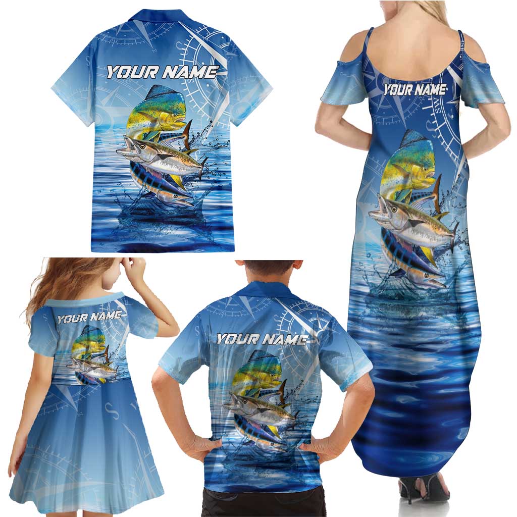 Mahi Mahi and Tuna Fish Family Matching Summer Maxi Dress and Hawaiian Shirt Fishing Ocean Water Background and Nautical Compass Elements - Wonder Print Shop