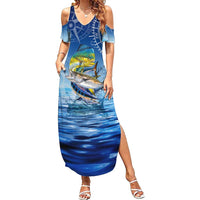 Mahi Mahi and Tuna Fish Family Matching Summer Maxi Dress and Hawaiian Shirt Fishing Ocean Water Background and Nautical Compass Elements - Wonder Print Shop