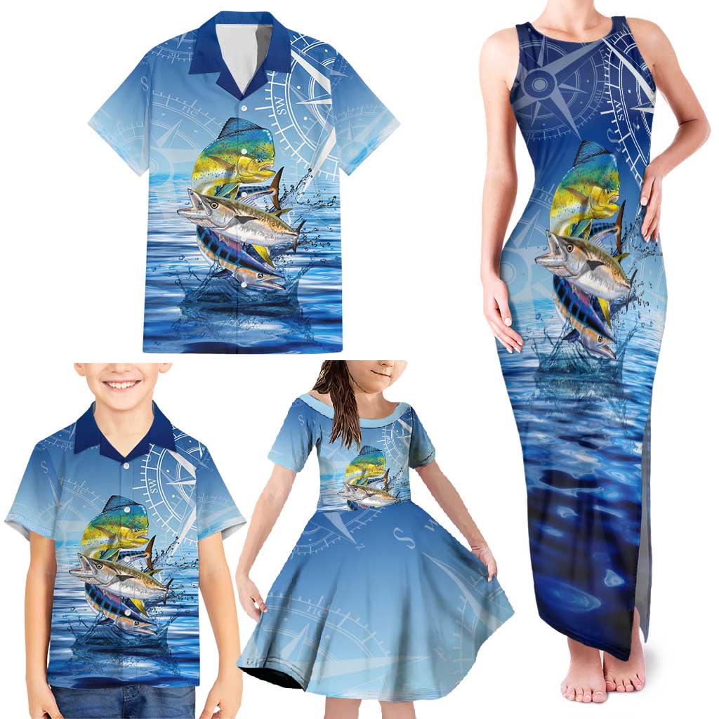 Mahi Mahi and Tuna Fish Family Matching Tank Maxi Dress and Hawaiian Shirt Fishing Ocean Water Background and Nautical Compass Elements - Wonder Print Shop
