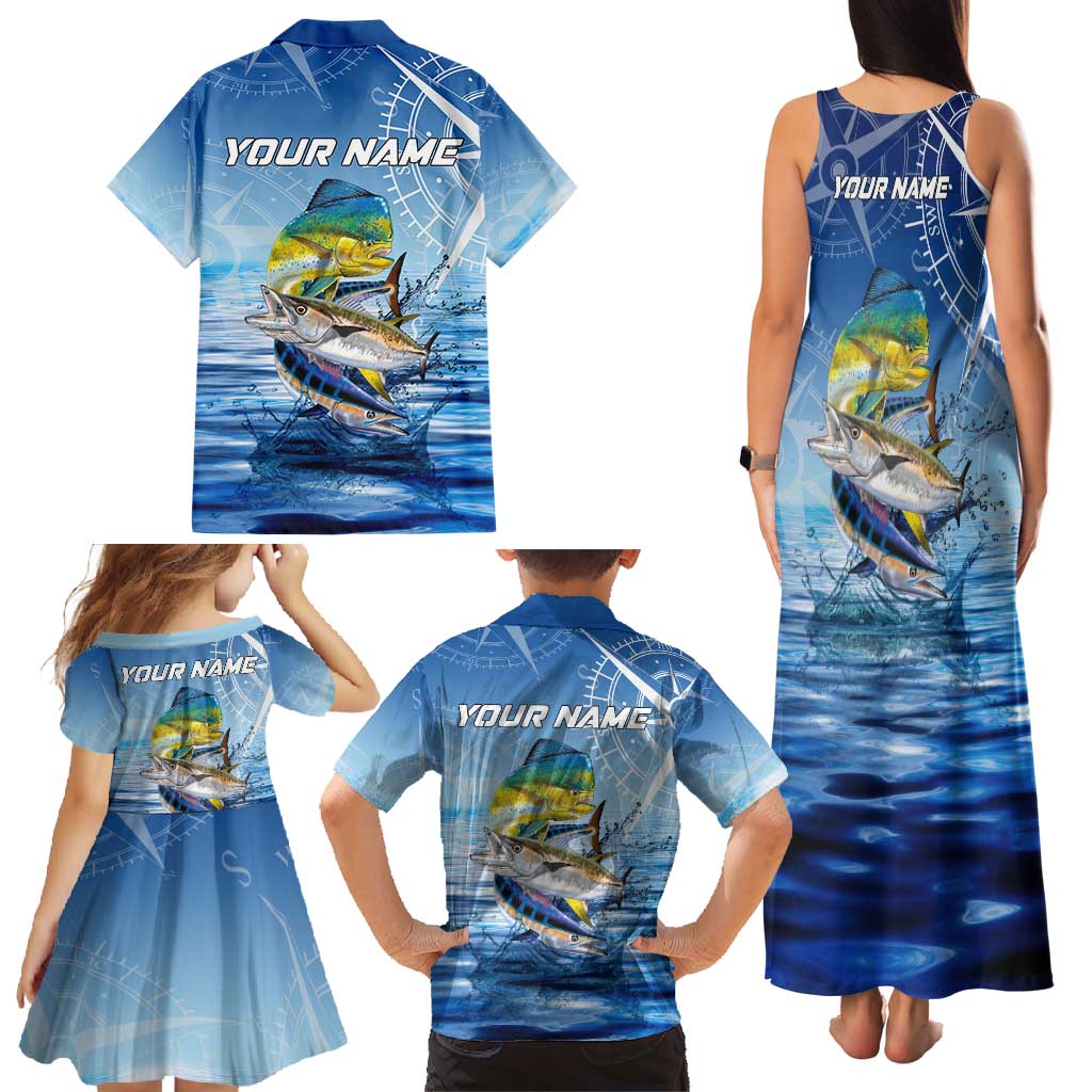 Mahi Mahi and Tuna Fish Family Matching Tank Maxi Dress and Hawaiian Shirt Fishing Ocean Water Background and Nautical Compass Elements - Wonder Print Shop