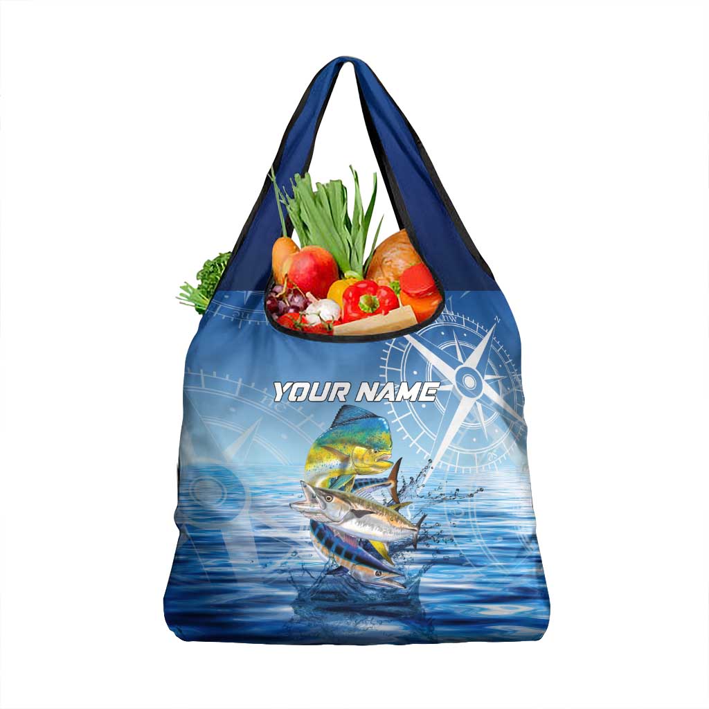 Mahi Mahi and Tuna Fish Grocery Bag Fishing Ocean Water Background and Nautical Compass Elements - Wonder Print Shop