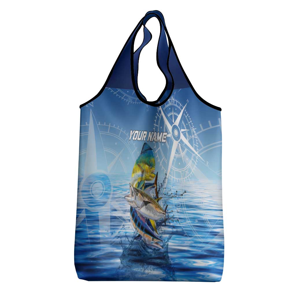 Mahi Mahi and Tuna Fish Grocery Bag Fishing Ocean Water Background and Nautical Compass Elements - Wonder Print Shop