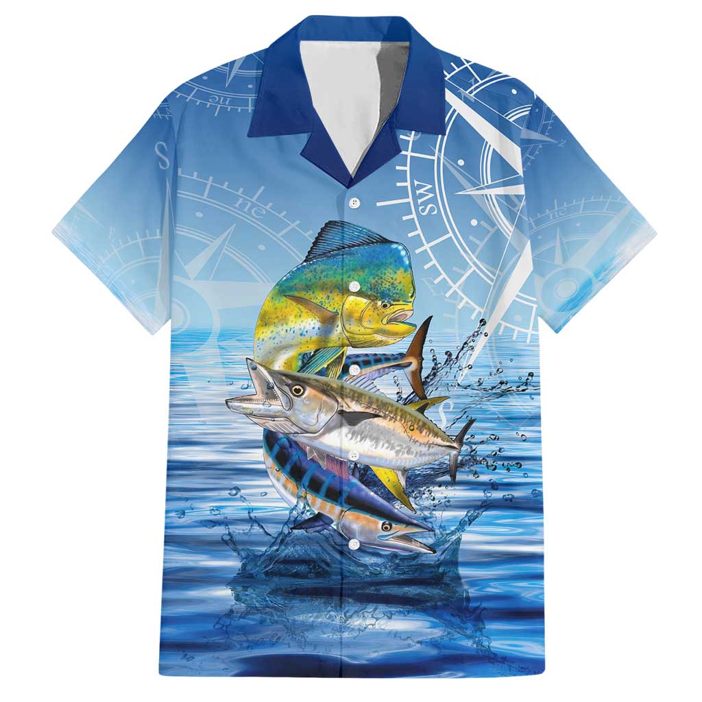 Mahi Mahi and Tuna Fish Hawaiian Shirt Fishing Ocean Water Background and Nautical Compass Elements - Wonder Print Shop