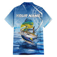 Mahi Mahi and Tuna Fish Hawaiian Shirt Fishing Ocean Water Background and Nautical Compass Elements - Wonder Print Shop
