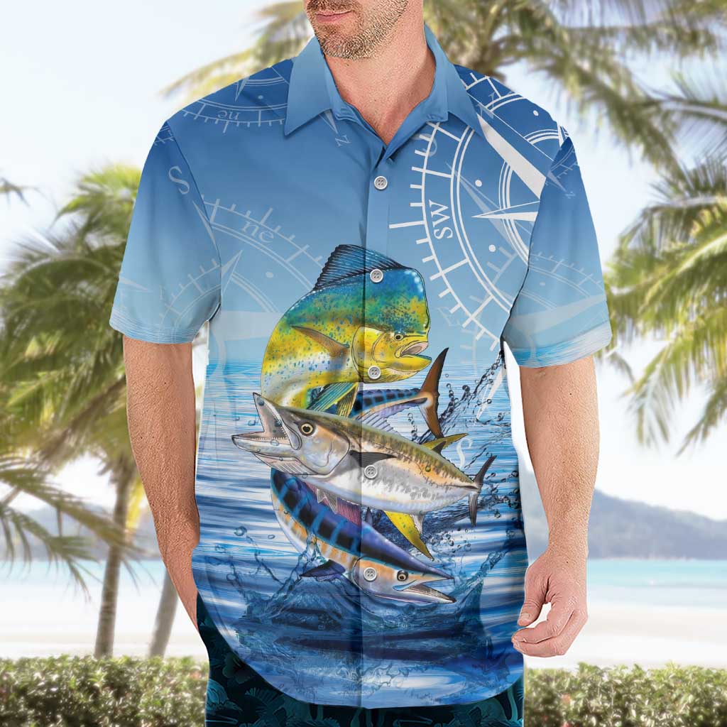 Mahi Mahi and Tuna Fish Hawaiian Shirt Fishing Ocean Water Background and Nautical Compass Elements - Wonder Print Shop
