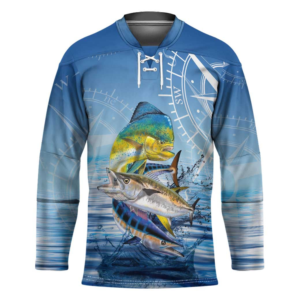 Mahi Mahi and Tuna Fish Hockey Jersey Fishing Ocean Water Background and Nautical Compass Elements - Wonder Print Shop