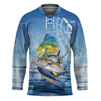 Mahi Mahi and Tuna Fish Hockey Jersey Fishing Ocean Water Background and Nautical Compass Elements - Wonder Print Shop