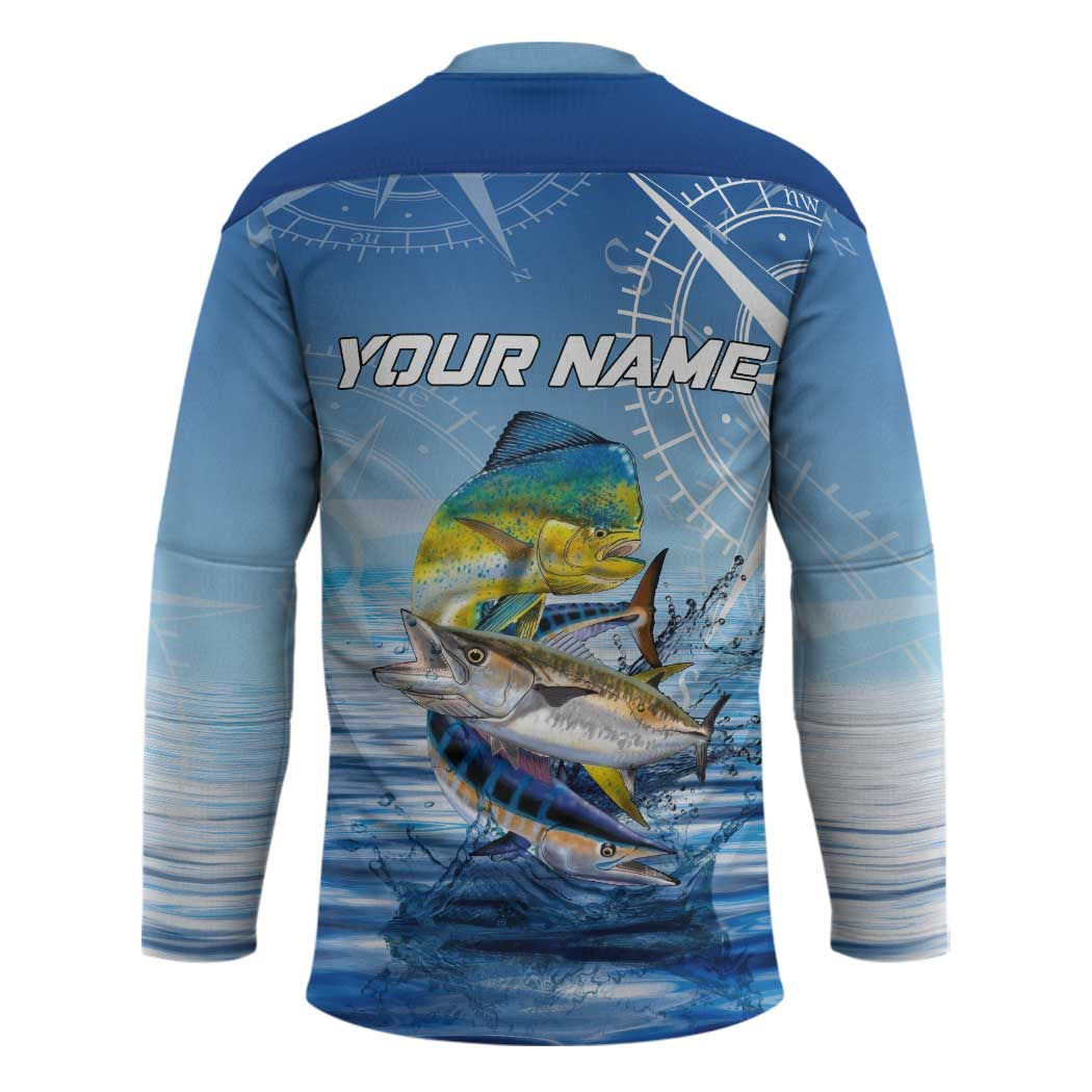 Mahi Mahi and Tuna Fish Hockey Jersey Fishing Ocean Water Background and Nautical Compass Elements - Wonder Print Shop