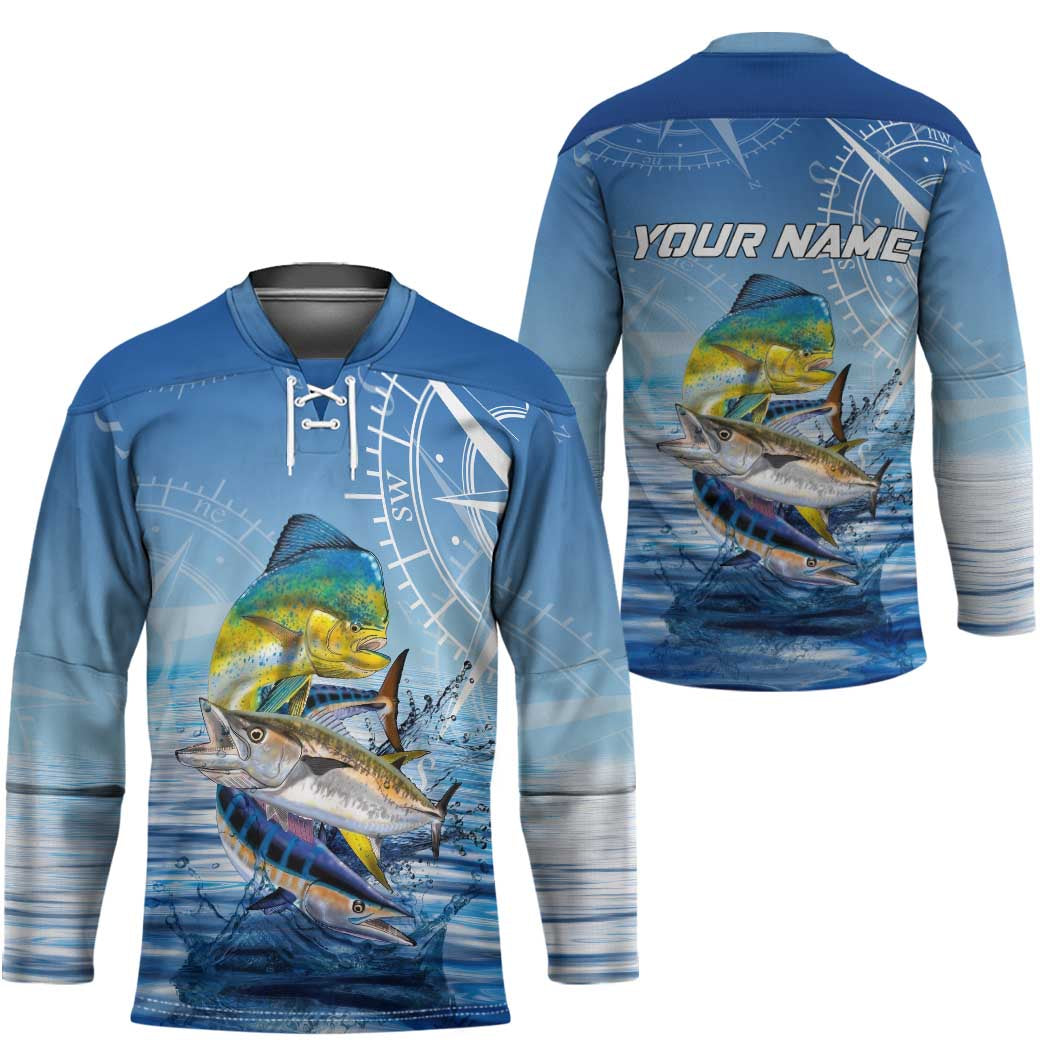 Mahi Mahi and Tuna Fish Hockey Jersey Fishing Ocean Water Background and Nautical Compass Elements - Wonder Print Shop