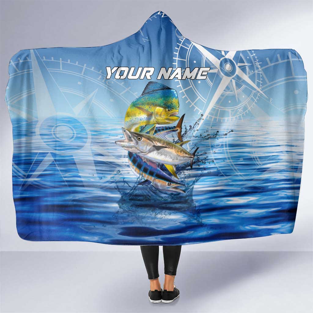 Mahi Mahi and Tuna Fish Hooded Blanket Fishing Ocean Water Background and Nautical Compass Elements - Wonder Print Shop