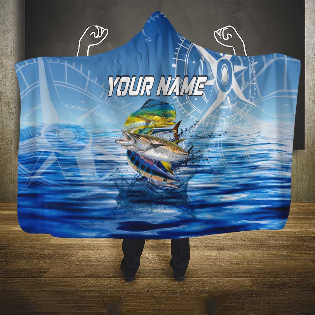 Mahi Mahi and Tuna Fish Hooded Blanket Fishing Ocean Water Background and Nautical Compass Elements - Wonder Print Shop