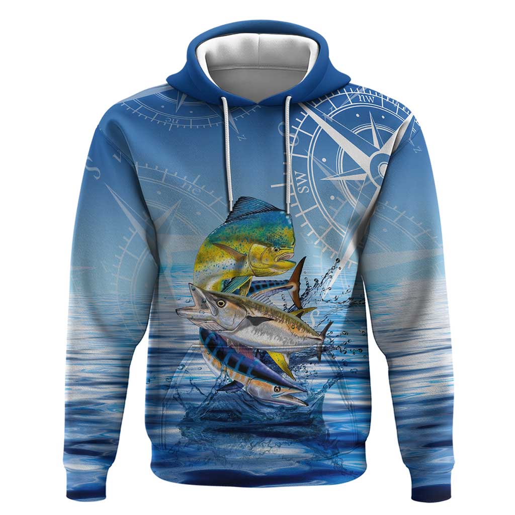 Mahi Mahi and Tuna Fish Hoodie Fishing Ocean Water Background and Nautical Compass Elements - Wonder Print Shop