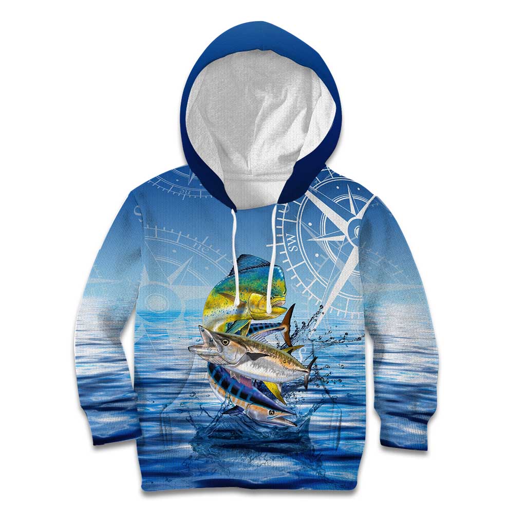 Mahi Mahi and Tuna Fish Kid Hoodie Fishing Ocean Water Background and Nautical Compass Elements - Wonder Print Shop