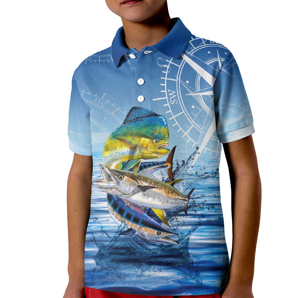 Mahi Mahi and Tuna Fish Kid Polo Shirt Fishing Ocean Water Background and Nautical Compass Elements - Wonder Print Shop