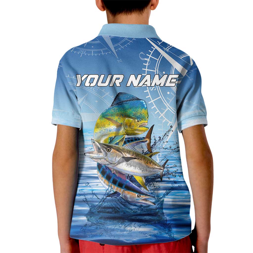 Mahi Mahi and Tuna Fish Kid Polo Shirt Fishing Ocean Water Background and Nautical Compass Elements - Wonder Print Shop