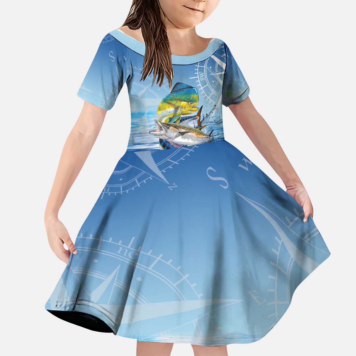Mahi Mahi and Tuna Fish Kid Short Sleeve Dress Fishing Ocean Water Background and Nautical Compass Elements - Wonder Print Shop