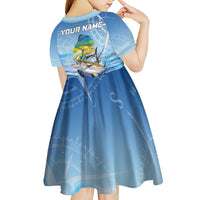 Mahi Mahi and Tuna Fish Kid Short Sleeve Dress Fishing Ocean Water Background and Nautical Compass Elements - Wonder Print Shop