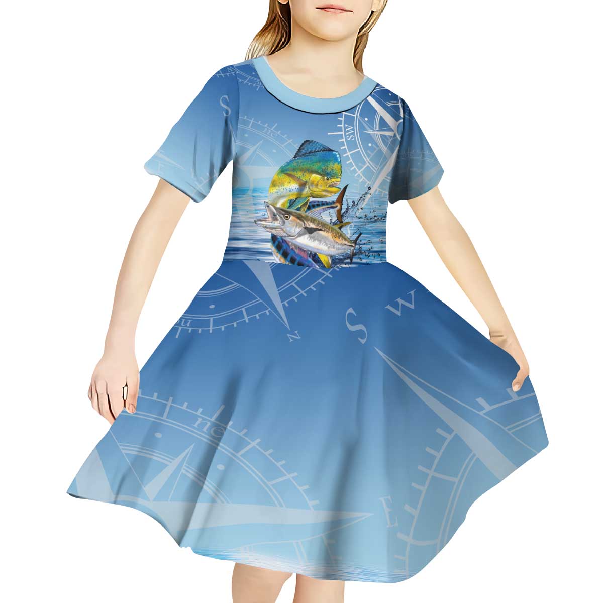 Mahi Mahi and Tuna Fish Kid Short Sleeve Dress Fishing Ocean Water Background and Nautical Compass Elements - Wonder Print Shop
