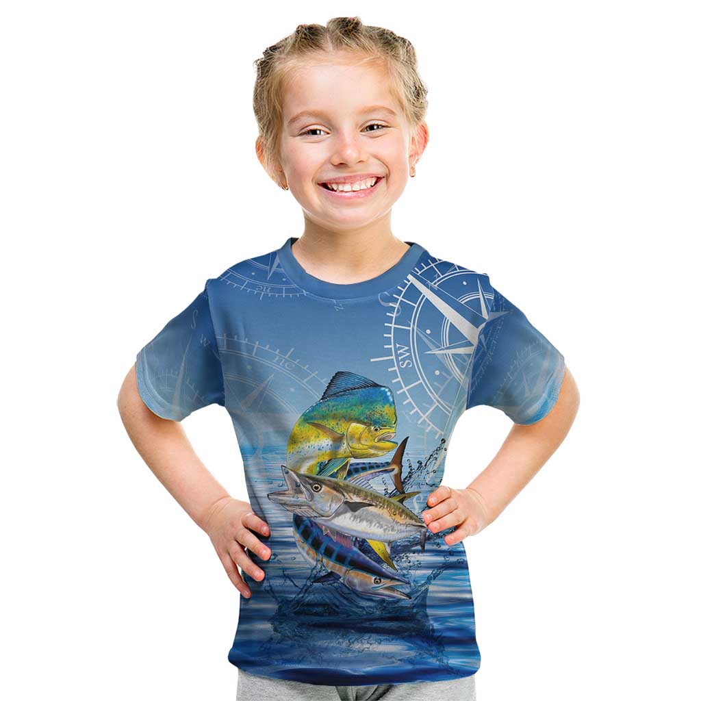 Mahi Mahi and Tuna Fish Kid T Shirt Fishing Ocean Water Background and Nautical Compass Elements - Wonder Print Shop