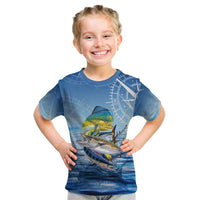 Mahi Mahi and Tuna Fish Kid T Shirt Fishing Ocean Water Background and Nautical Compass Elements - Wonder Print Shop