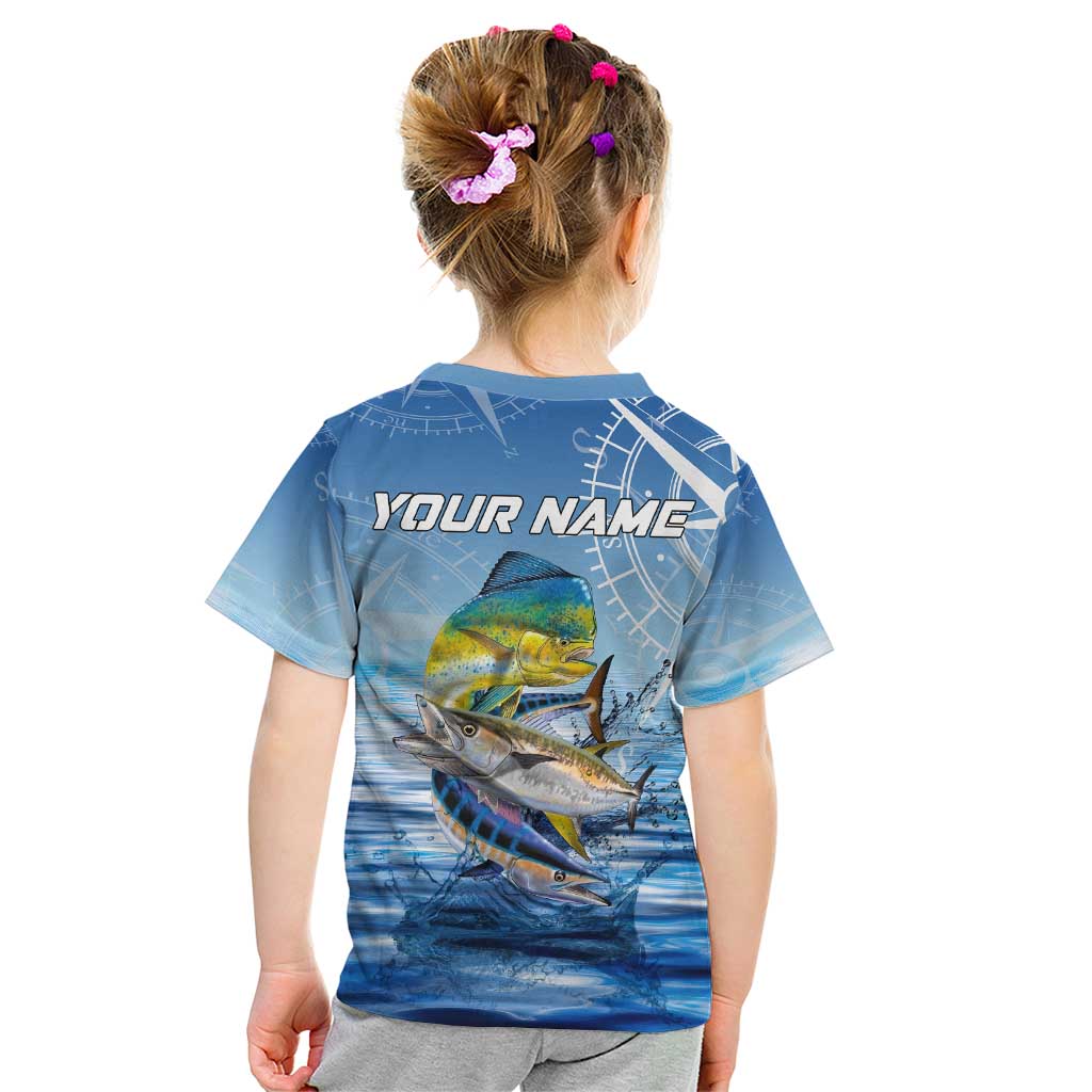 Mahi Mahi and Tuna Fish Kid T Shirt Fishing Ocean Water Background and Nautical Compass Elements - Wonder Print Shop