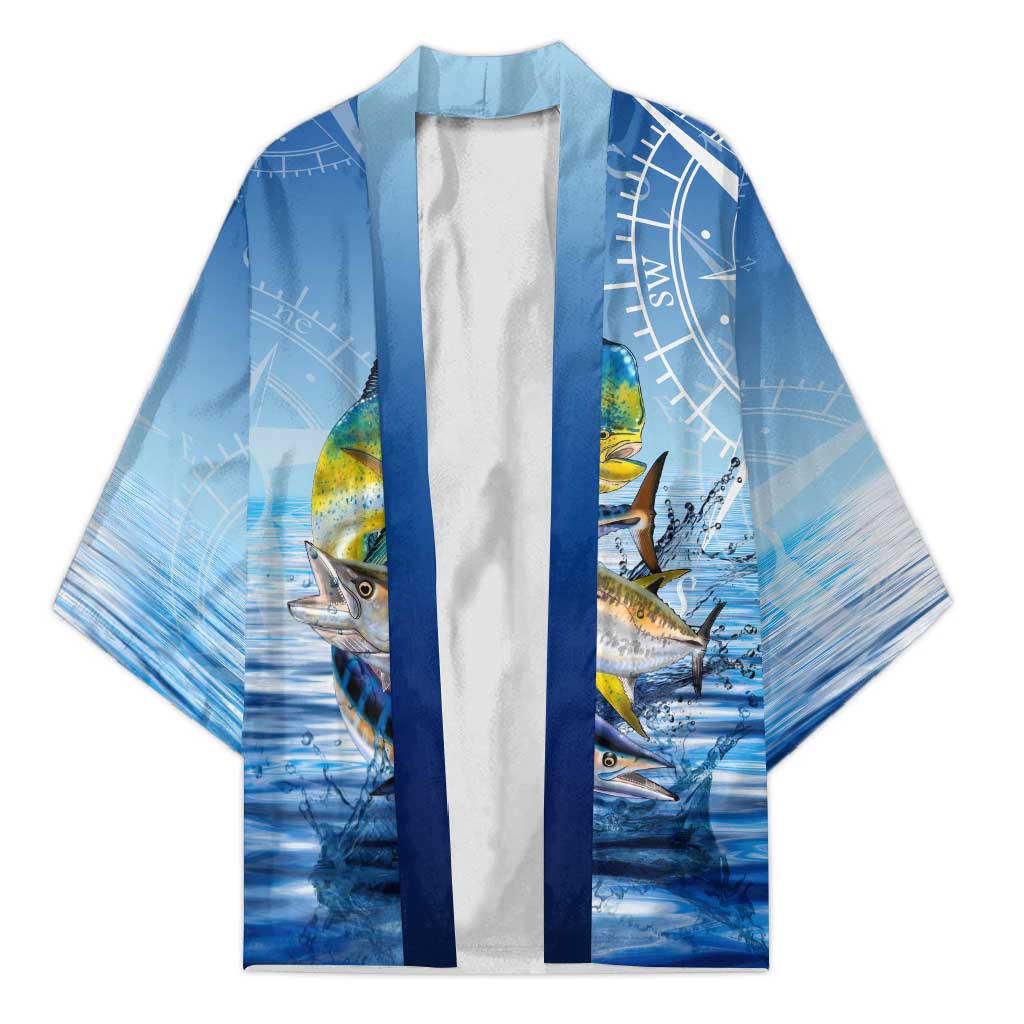 Mahi Mahi and Tuna Fish Kimono Fishing Ocean Water Background and Nautical Compass Elements - Wonder Print Shop