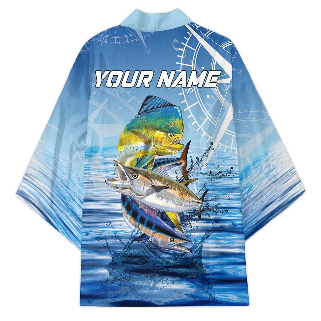 Mahi Mahi and Tuna Fish Kimono Fishing Ocean Water Background and Nautical Compass Elements - Wonder Print Shop
