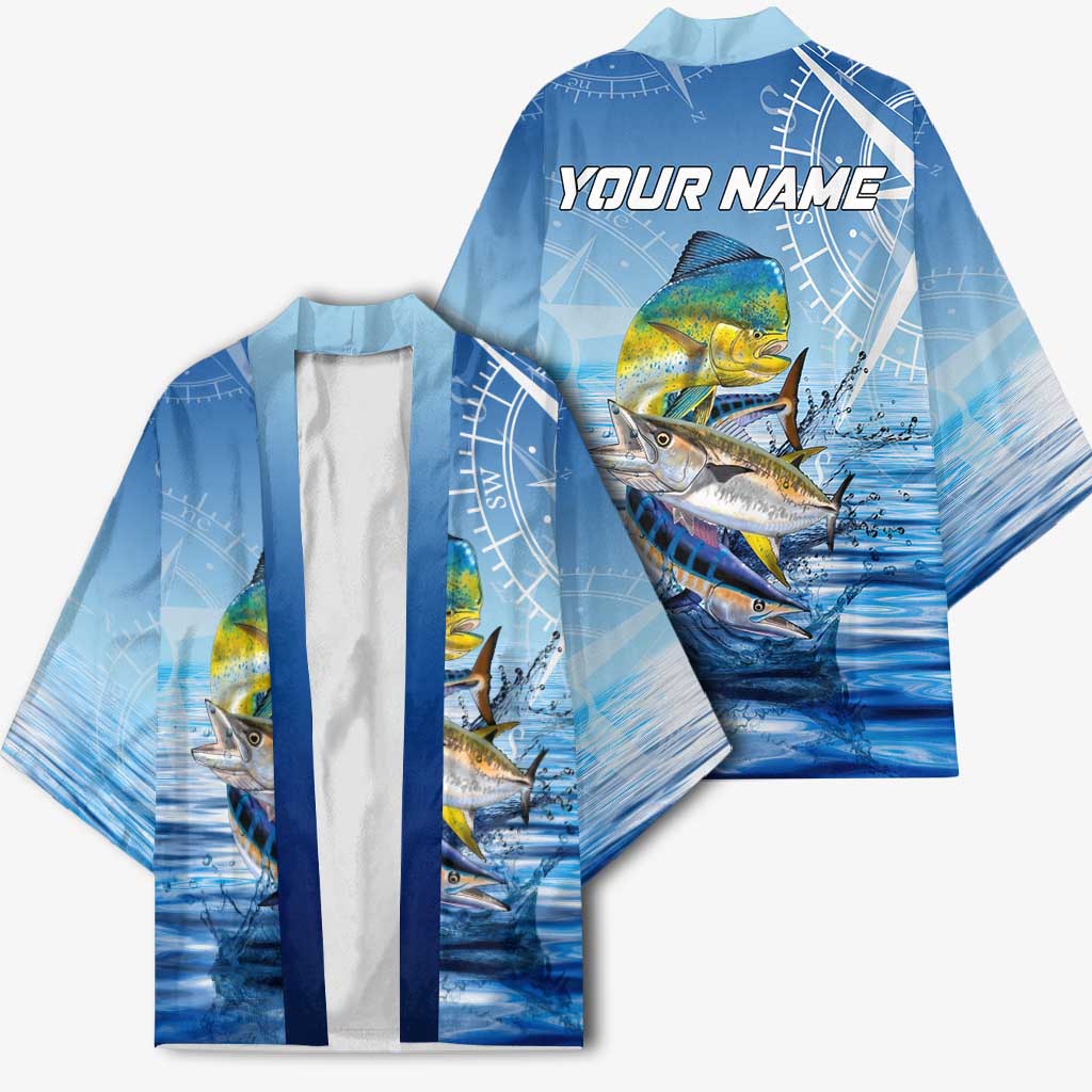 Mahi Mahi and Tuna Fish Kimono Fishing Ocean Water Background and Nautical Compass Elements - Wonder Print Shop