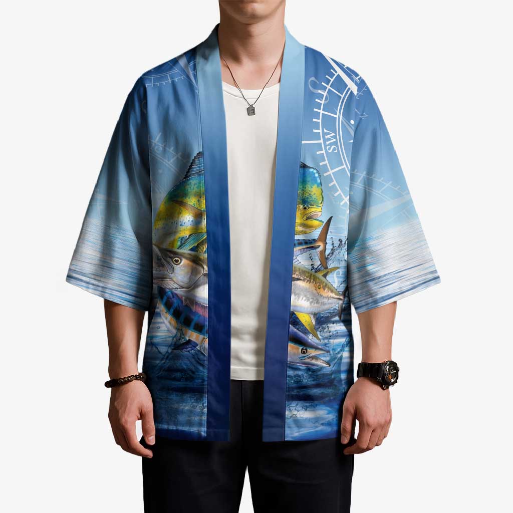 Mahi Mahi and Tuna Fish Kimono Fishing Ocean Water Background and Nautical Compass Elements - Wonder Print Shop