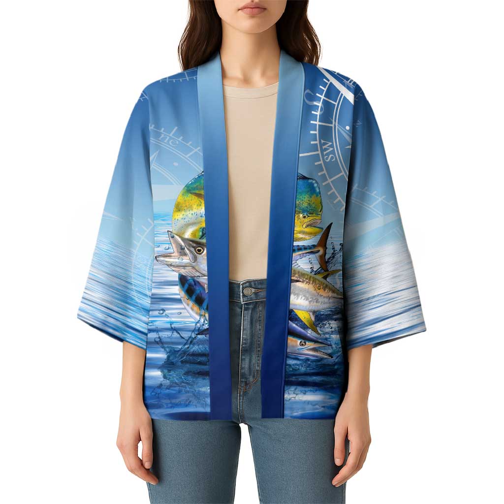 Mahi Mahi and Tuna Fish Kimono Fishing Ocean Water Background and Nautical Compass Elements - Wonder Print Shop