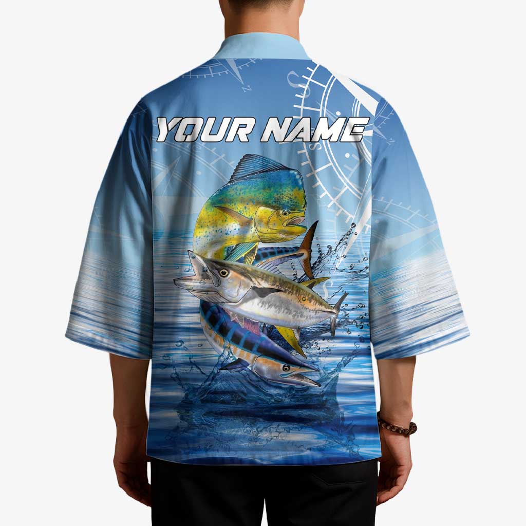 Mahi Mahi and Tuna Fish Kimono Fishing Ocean Water Background and Nautical Compass Elements - Wonder Print Shop
